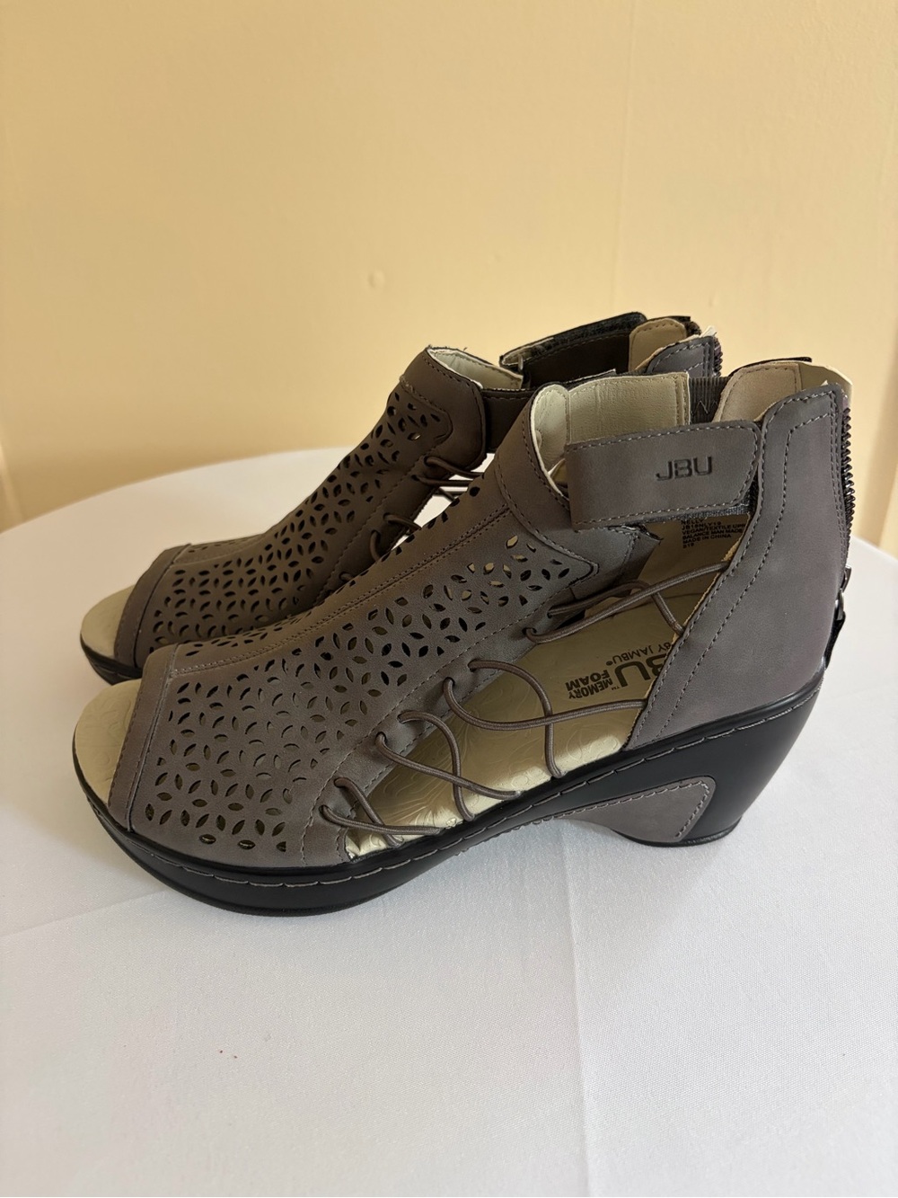 JBU Taupe Gray Laser-Cut Wedge Sandals